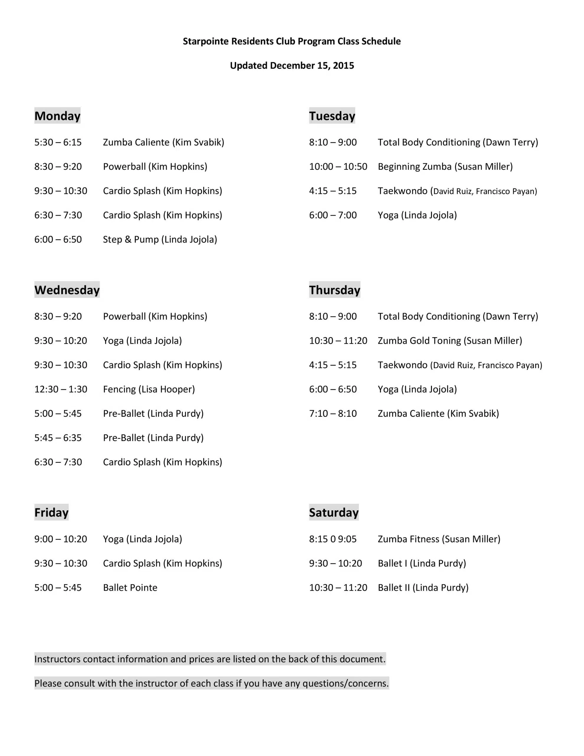 STARPOINTE RESIDENTS CLUB PROGRAM CLASS SCHEDULE INSTRUCTORS AND PRICES 12_15_2015-page-001